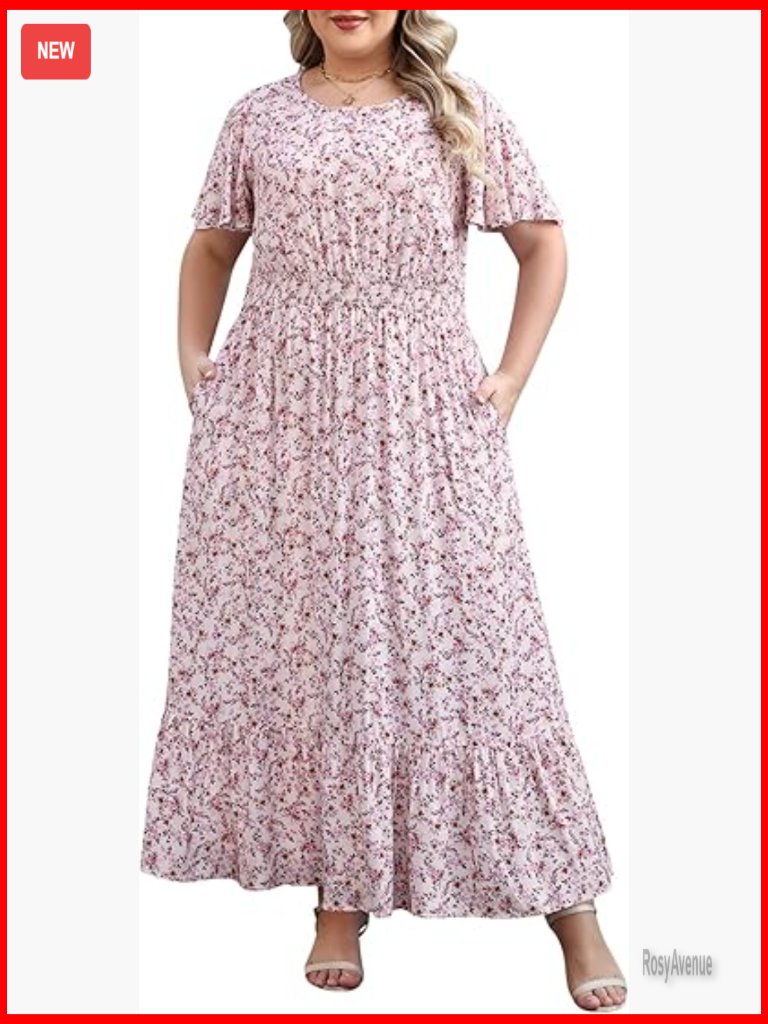 Plus Size Floral Maxi Dress Smocked Waist Flutter Sleeves Summer Casual